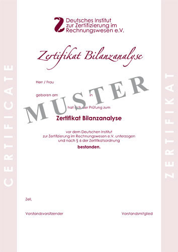 Bild Musterzertifikat Zertifikat Bilanzanalyse DIZR e.V.
