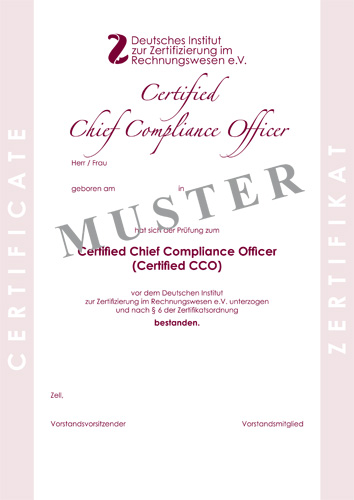 Bild Musterzertifikat Certified Compliance Officer DIZR e.V.