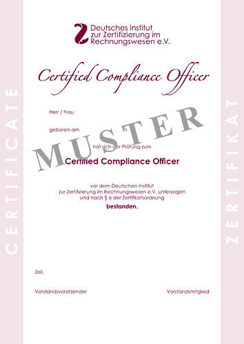 Bild Musterzertifikat Certified Compliance Officer DIZR e.V.