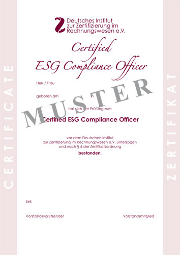 Bild Musterzertifikat Certified ESG Compliance Officer DIZR e.V.