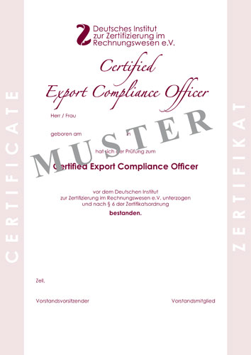 Bild Musterzertifikat Certified Export Compliance Officer DIZR e.V.