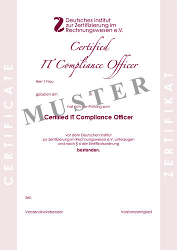 Bild Musterzertifikat Certified IT Compliance Officer DIZR e.V.