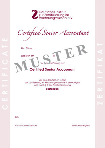 Bild Musterzertifikat Certified Senior Accountant DIZR e.V.