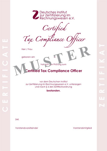 Bild Musterzertifikat Certified Tax Compliance Officer DIZR e.V.